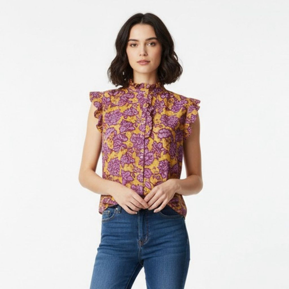 XiRENA Tops - Xirena Yellow/Purple Floral Print Ruffle Neck Cotton Silk Blouse - XS